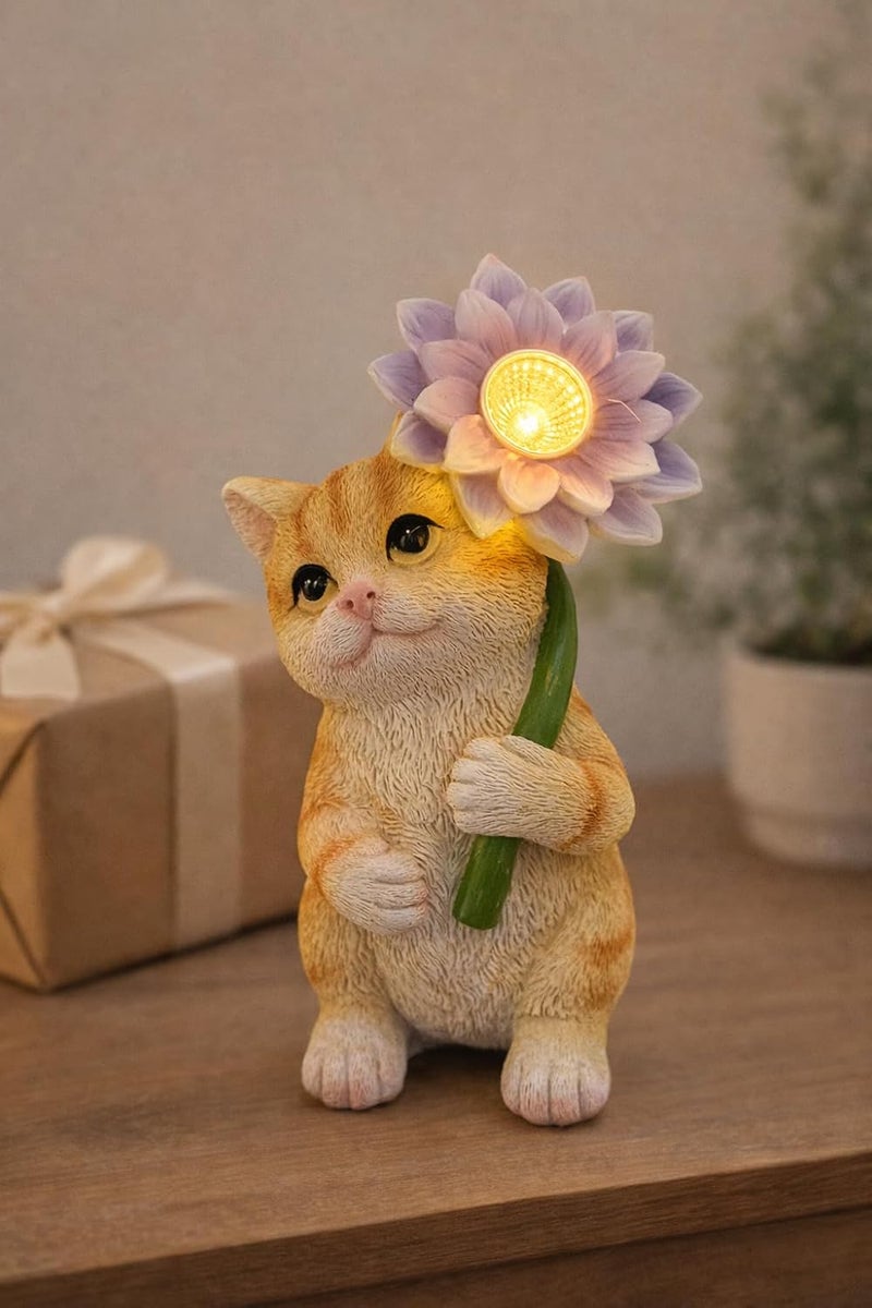 GoGnome Solar Cat Garden Statue with LED Flower for Mom Woman – 6.5‘’ Hand-Painted Resin Outdoor Kitten Figurine, Automatic Night Light, Yard Patio Lawn Decor (Kitten) - Image 5